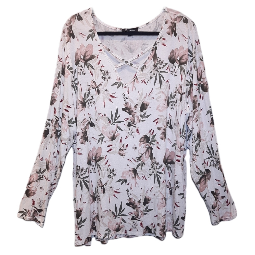 Lily Morgan Floral Long Sleeve Blouse Strappy Crossover Vneck Plus Size 2X